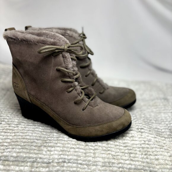 UGG Bridgit US 8 EU 39 Women’s Dark Gray Waterproof Suede Wedge Heel Ankle Boots - Picture 4 of 12
